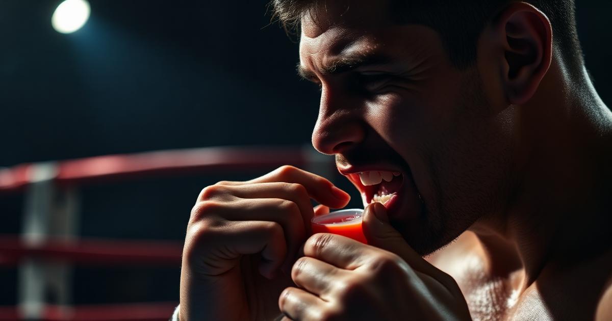 Boxeur mettant son protège dent avant un combat sur le ring