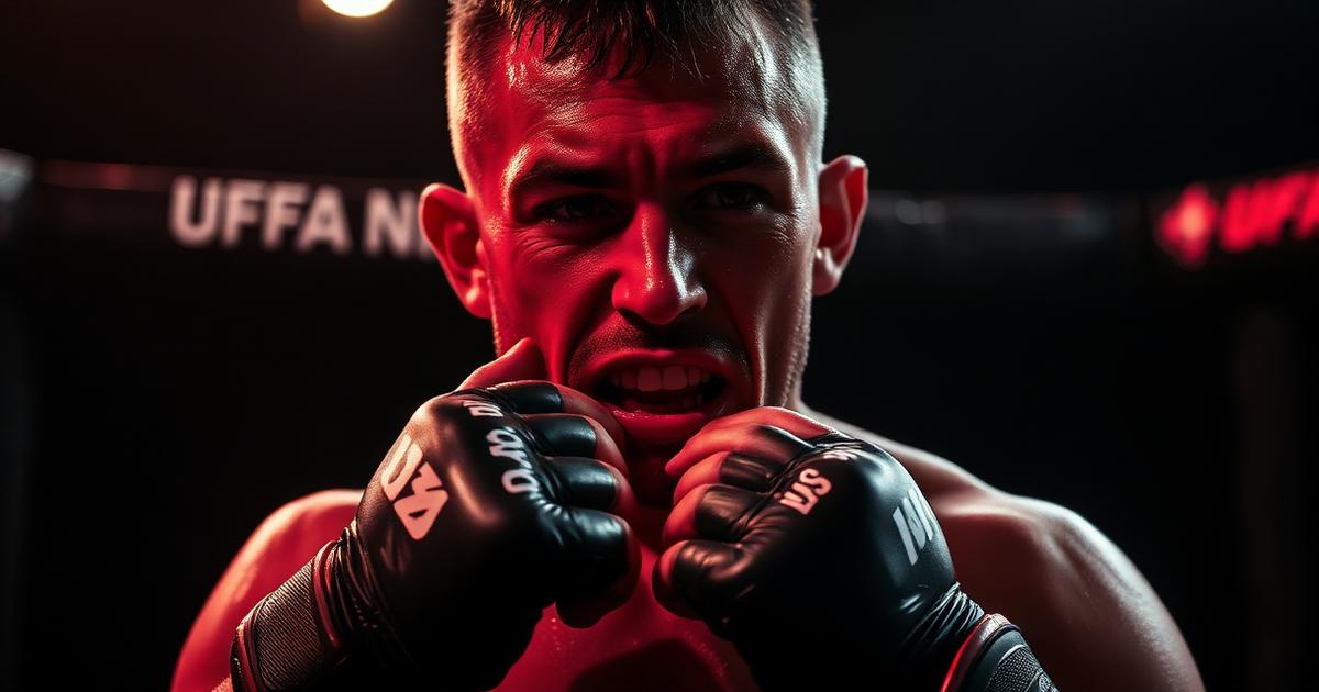 Combattant MMA en position de garde dans la cage avec protège dent