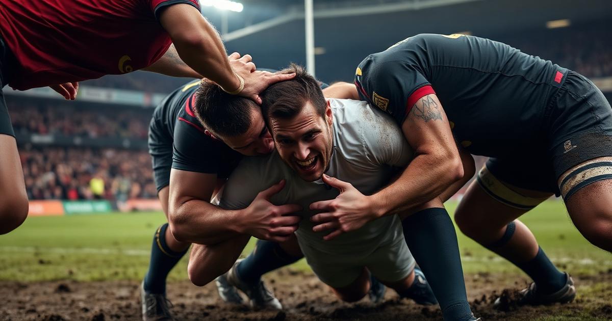 Joueurs de rugby lors d'un plaquage