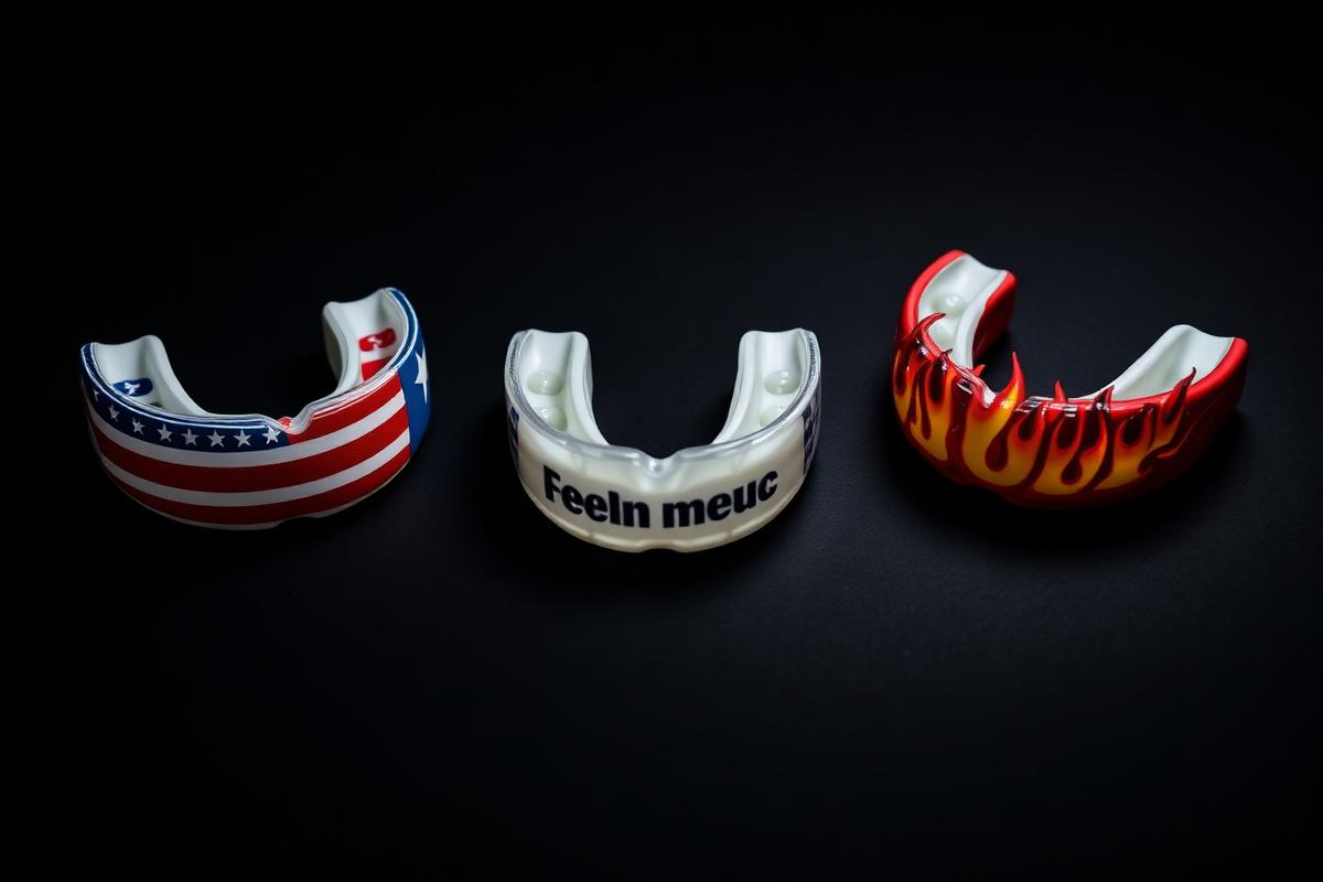 Exemples de protège-dents personnalisés : drapeau, texte et motif flammes